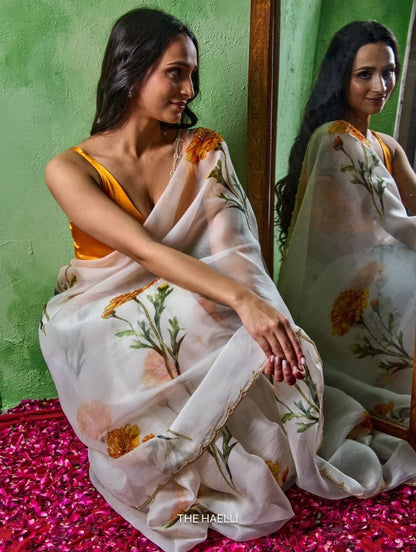 Glimmering Yellow Color Floral Printed Beads Handwork Saree With Blouse