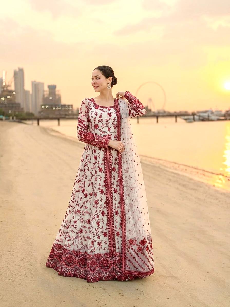 Function Wear White Color Heavy Embroidery Work Gown Set
