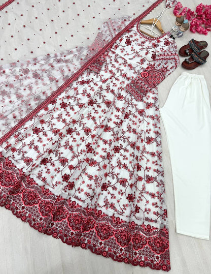 Function Wear White Color Heavy Embroidery Work Gown Set