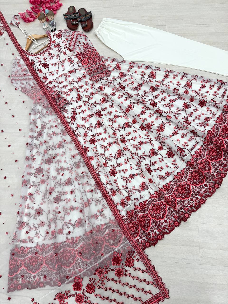 Function Wear White Color Heavy Embroidery Work Gown Set