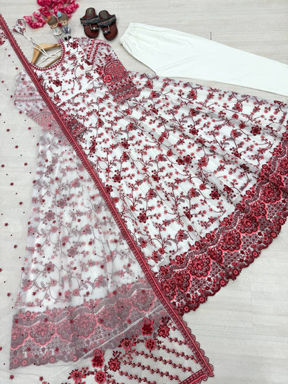 Function Wear White Color Heavy Embroidery Work Gown Set