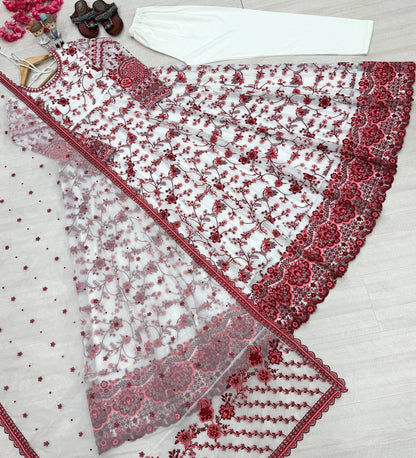 Function Wear White Color Heavy Embroidery Work Gown Set