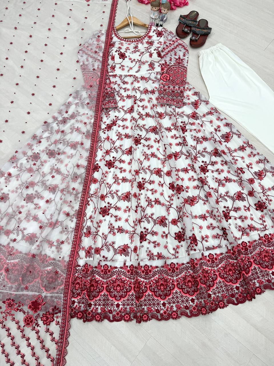 Function Wear White Color Heavy Embroidery Work Gown Set