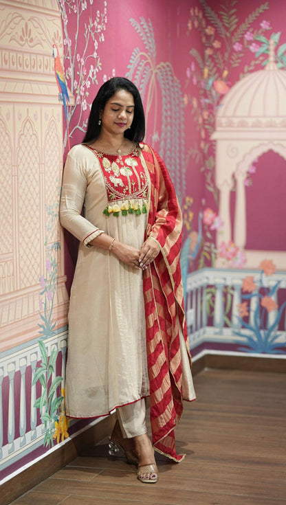 Embellished Off White Color Roman Golden Striped Pattern Top With Suit