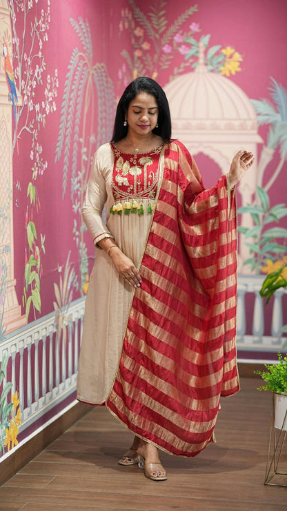 Embellished Off White Color Roman Golden Striped Pattern Top With Suit
