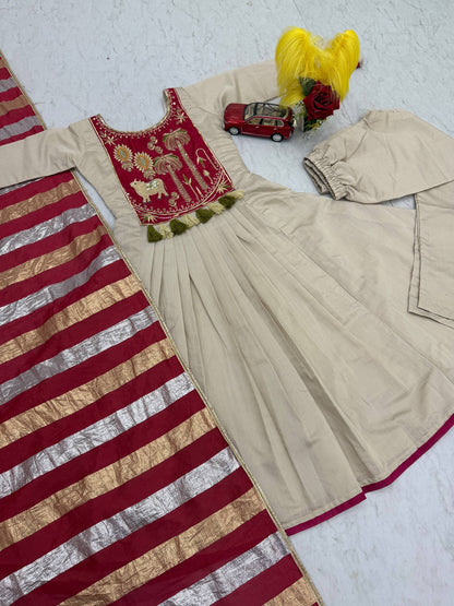 Embellished Off White Color Roman Golden Striped Pattern Top With Suit
