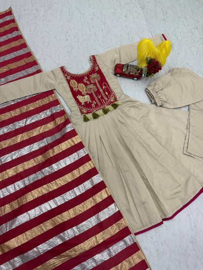 Embellished Off White Color Roman Golden Striped Pattern Top With Suit