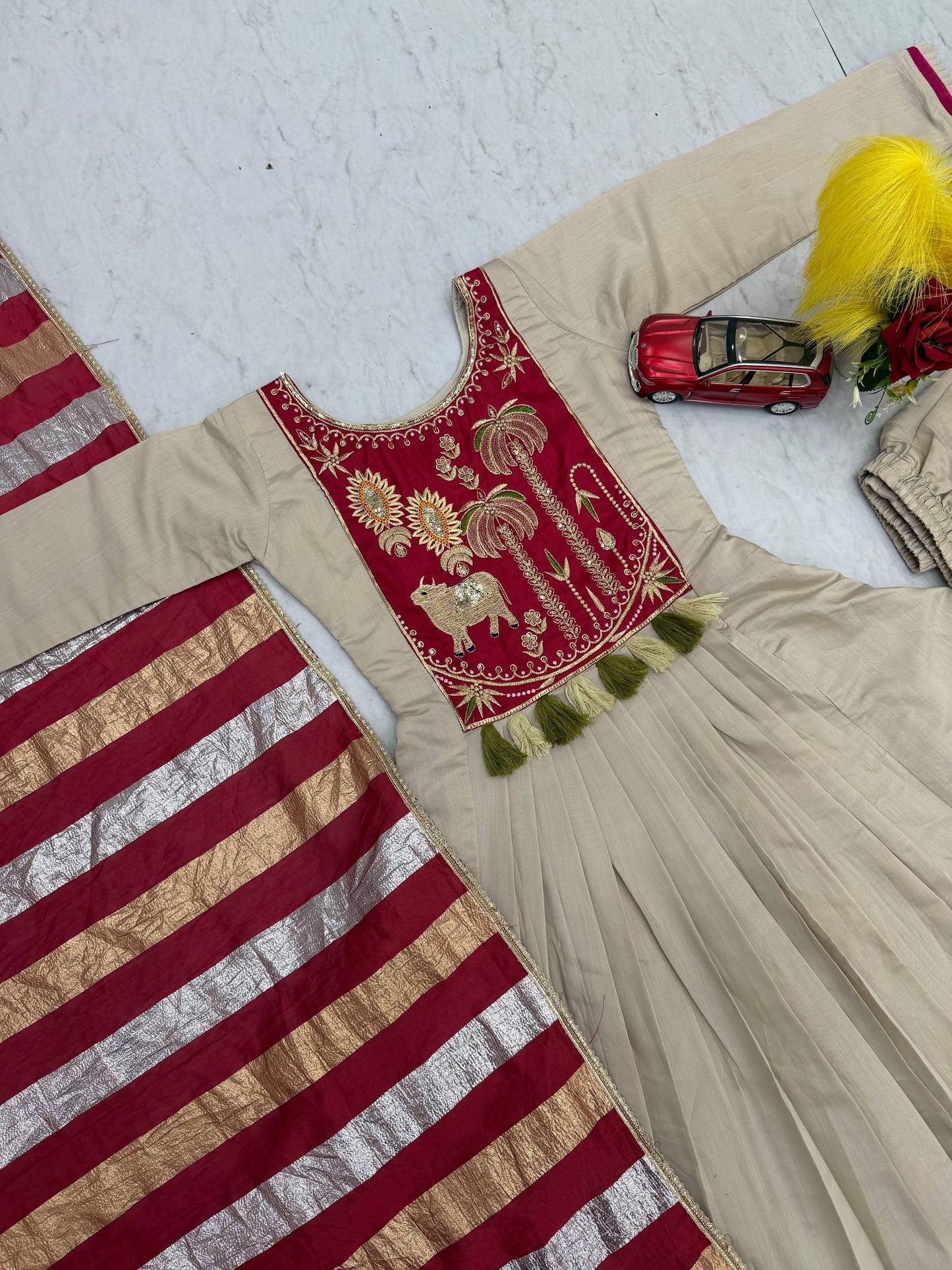 Embellished Off White Color Roman Golden Striped Pattern Top With Suit