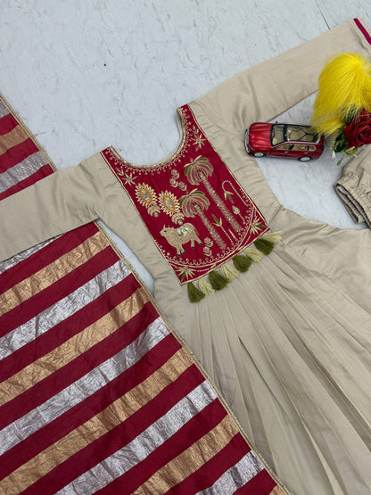 Embellished Off White Color Roman Golden Striped Pattern Top With Suit