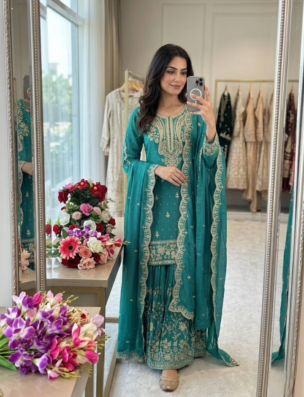 Peaceful Green Color Sequence Embroidered Sharara Suit