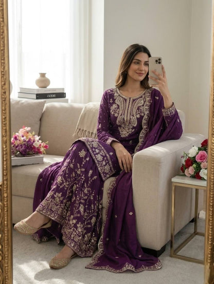 Awesome Purple Color Embroidered Coding Sequence Work Palazzo Suit