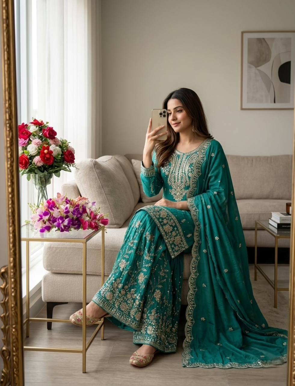 Peaceful Green Color Sequence Embroidered Sharara Suit