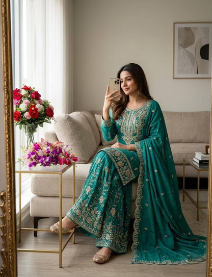 Peaceful Green Color Sequence Embroidered Sharara Suit