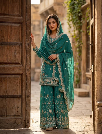 Peaceful Green Color Sequence Embroidered Sharara Suit