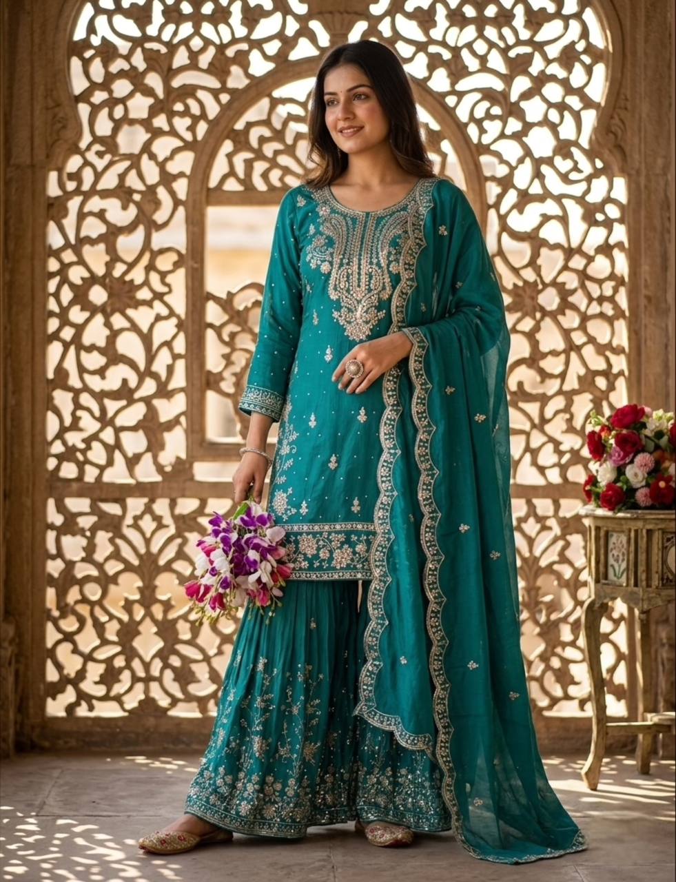 Peaceful Green Color Sequence Embroidered Sharara Suit