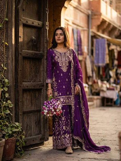Awesome Purple Color Embroidered Coding Sequence Work Palazzo Suit