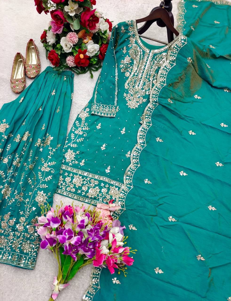 Peaceful Green Color Sequence Embroidered Sharara Suit