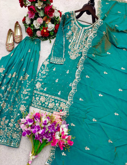 Peaceful Green Color Sequence Embroidered Sharara Suit