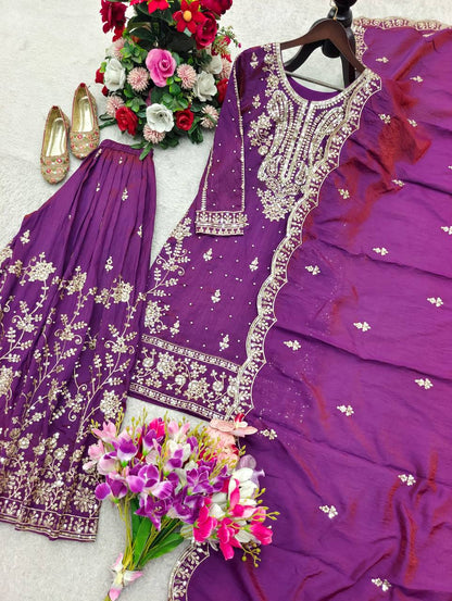 Awesome Purple Color Embroidered Coding Sequence Work Palazzo Suit