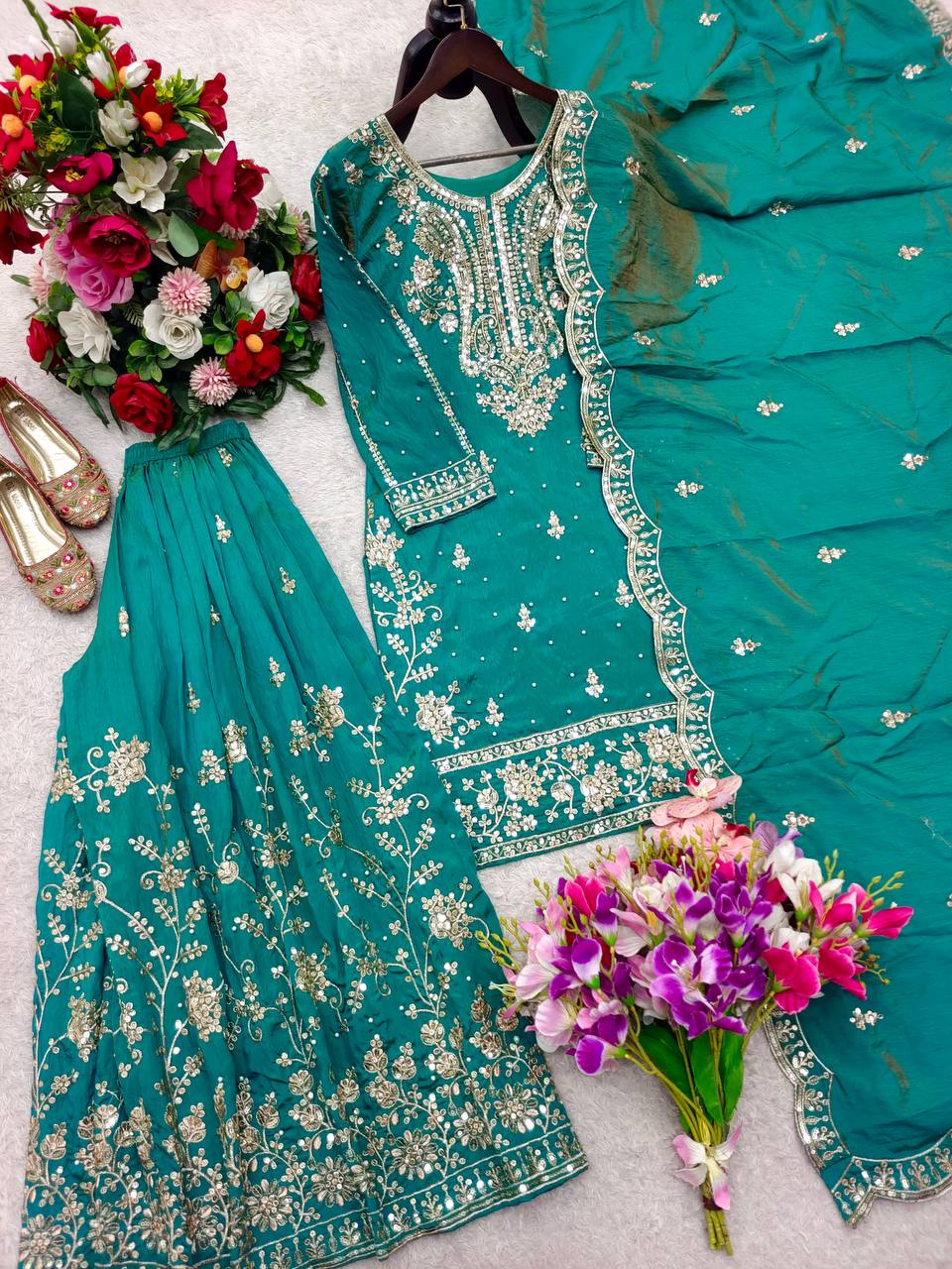 Peaceful Green Color Sequence Embroidered Sharara Suit