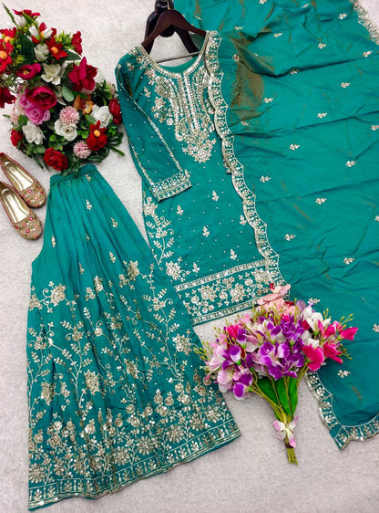 Peaceful Green Color Sequence Embroidered Sharara Suit