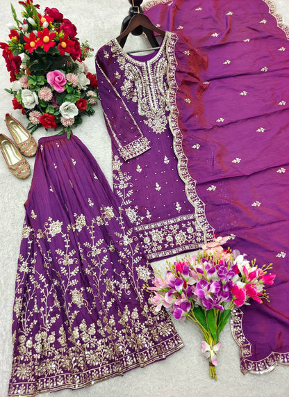 Awesome Purple Color Embroidered Coding Sequence Work Palazzo Suit