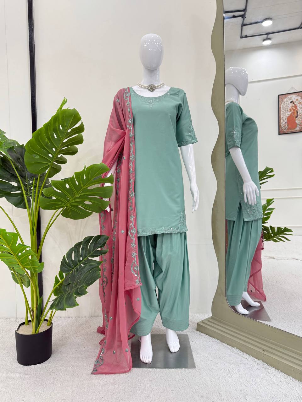 Festive Wear Soft Natural Crepe With Delicate Thread Embroidery Work Palazzo Salwar Suit