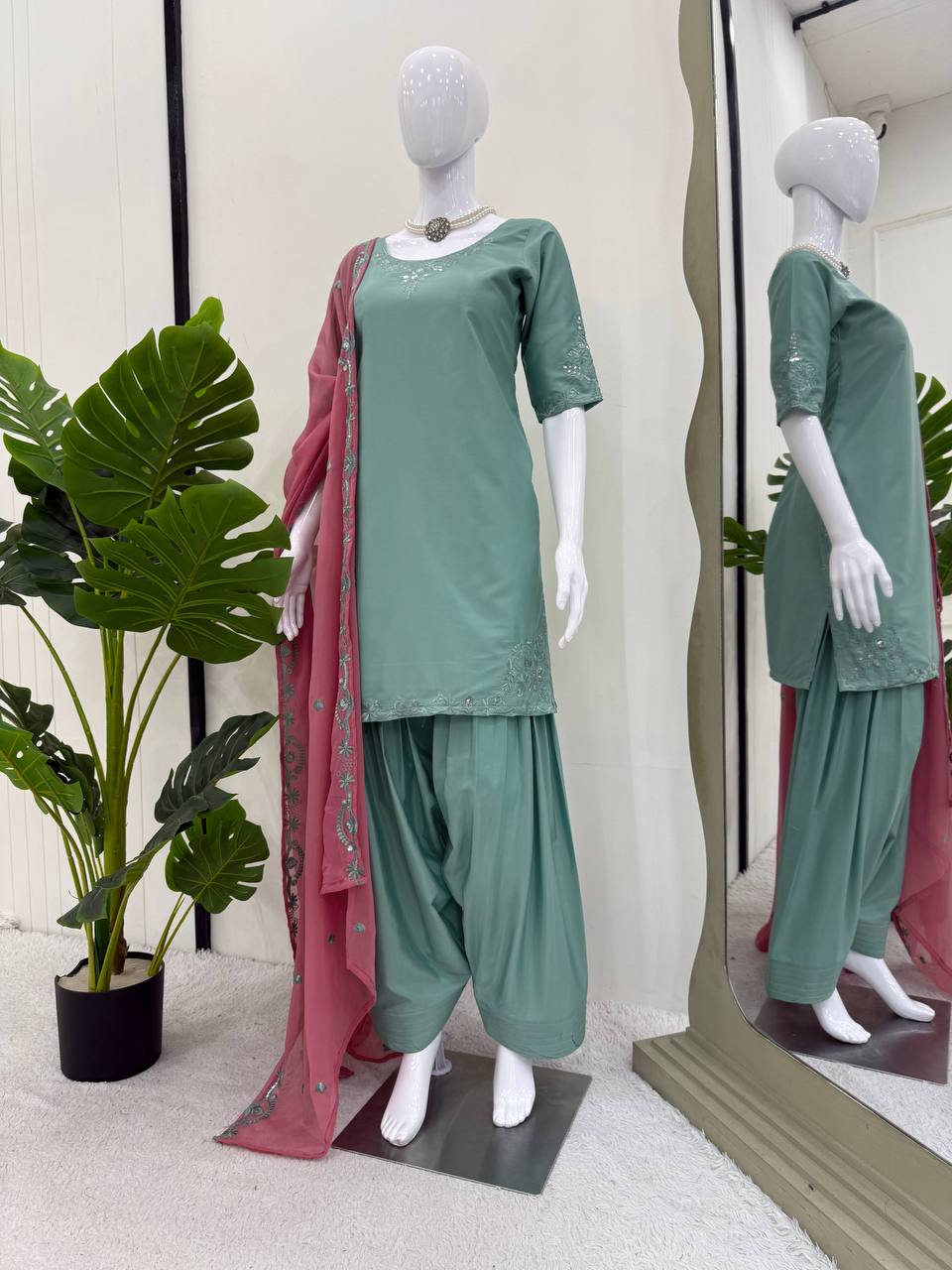 Festive Wear Soft Natural Crepe With Delicate Thread Embroidery Work Palazzo Salwar Suit