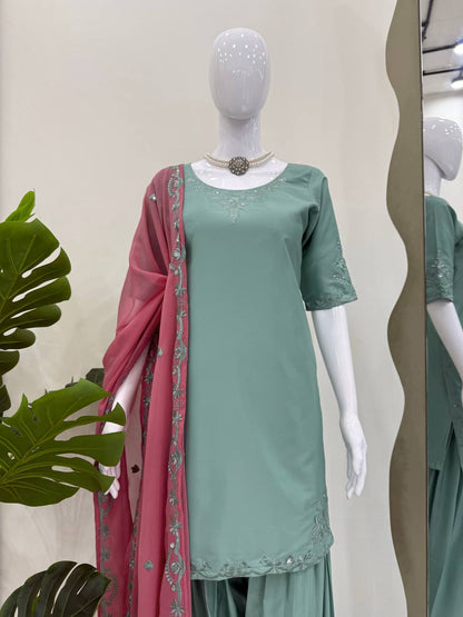 Festive Wear Soft Natural Crepe With Delicate Thread Embroidery Work Palazzo Salwar Suit
