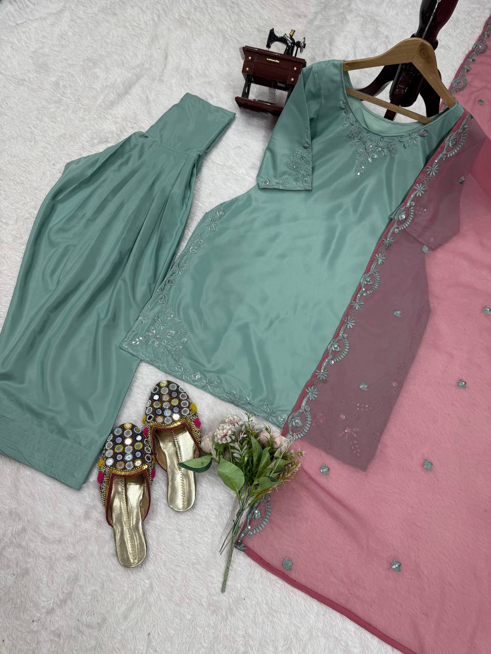 Festive Wear Soft Natural Crepe With Delicate Thread Embroidery Work Palazzo Salwar Suit