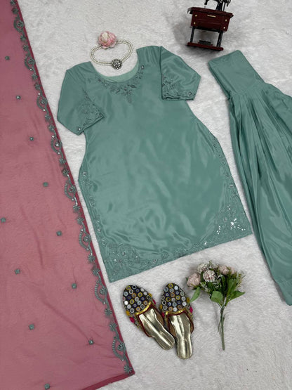 Festive Wear Soft Natural Crepe With Delicate Thread Embroidery Work Palazzo Salwar Suit