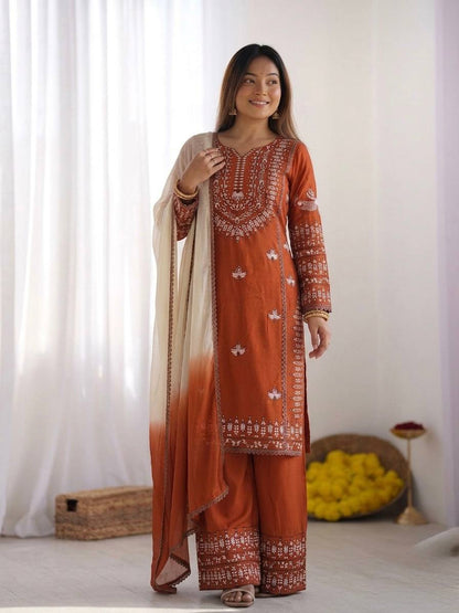 Precious Brown Color Heavy Embroidered Palazzo Suit