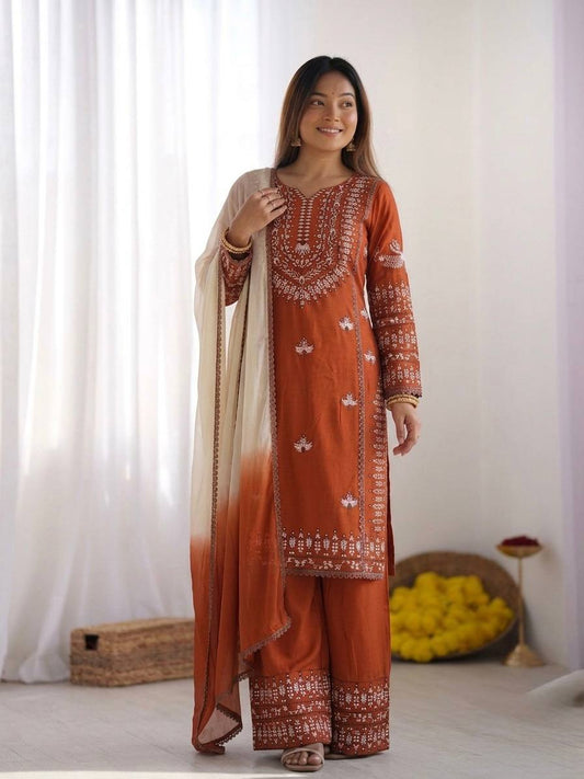 Precious Brown Color Heavy Embroidered Palazzo Suit