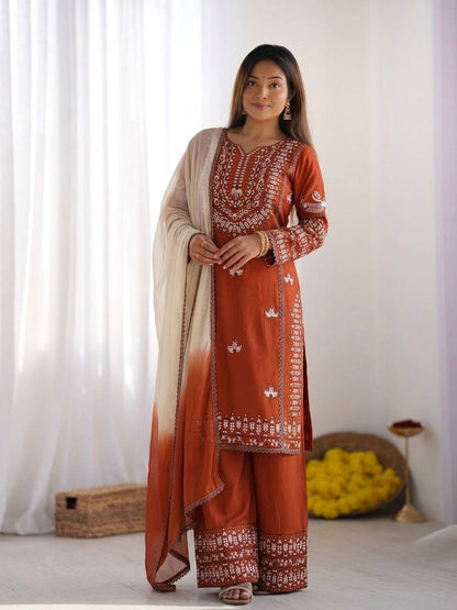 Precious Brown Color Heavy Embroidered Palazzo Suit