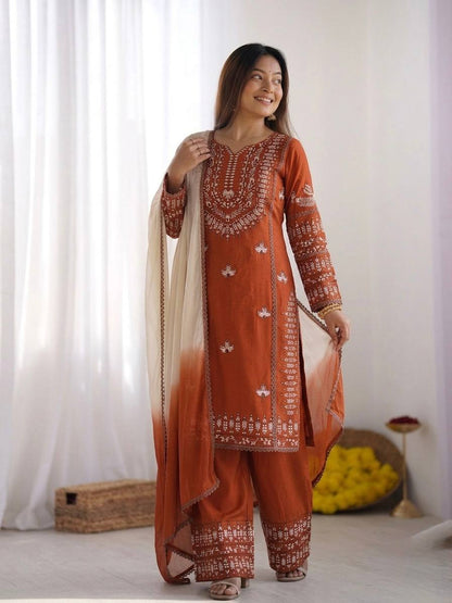 Precious Brown Color Heavy Embroidered Palazzo Suit