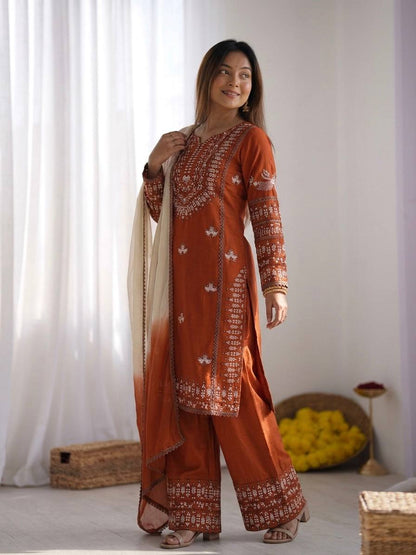 Precious Brown Color Heavy Embroidered Palazzo Suit