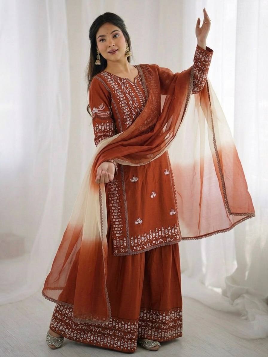 Precious Brown Color Heavy Embroidered Palazzo Suit