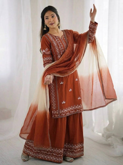 Precious Brown Color Heavy Embroidered Palazzo Suit