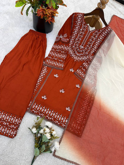 Precious Brown Color Heavy Embroidered Palazzo Suit