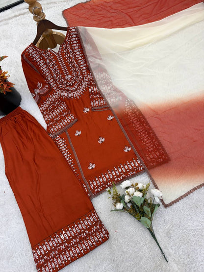Precious Brown Color Heavy Embroidered Palazzo Suit