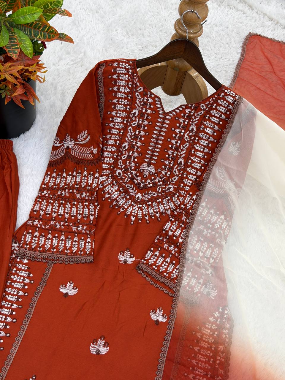 Precious Brown Color Heavy Embroidered Palazzo Suit
