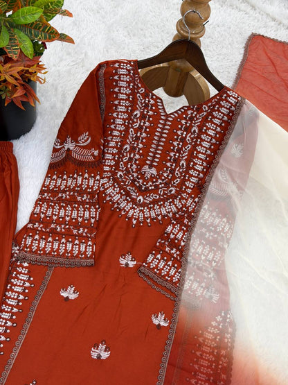 Precious Brown Color Heavy Embroidered Palazzo Suit
