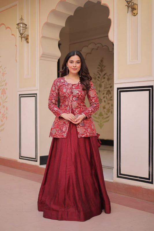 Designer Festive Wear Maroon Color Vichitra SIlk Lehenga With Jacquard Top