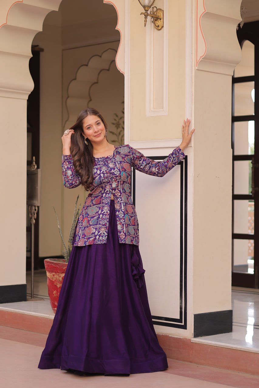 Designer Festive Wear Purple Color Vichitra SIlk Lehenga With Jacquard Top
