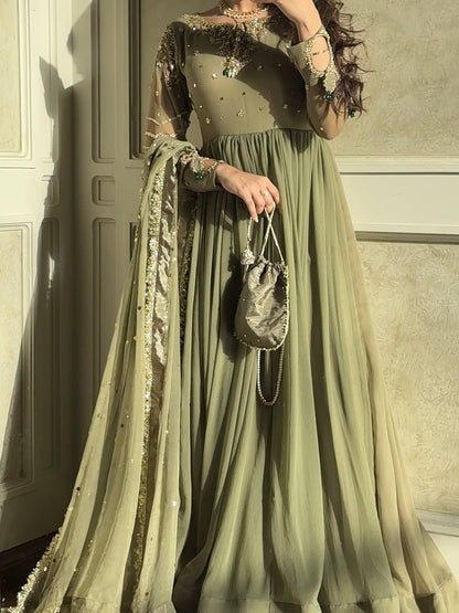 Gorgeous Green Color Embroidered Faux Georgette Gown Set with Dupatta & Bottom