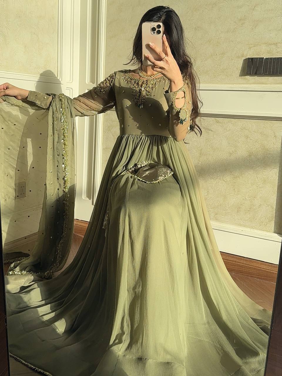 Gorgeous Green Color Embroidered Faux Georgette Gown Set with Dupatta & Bottom
