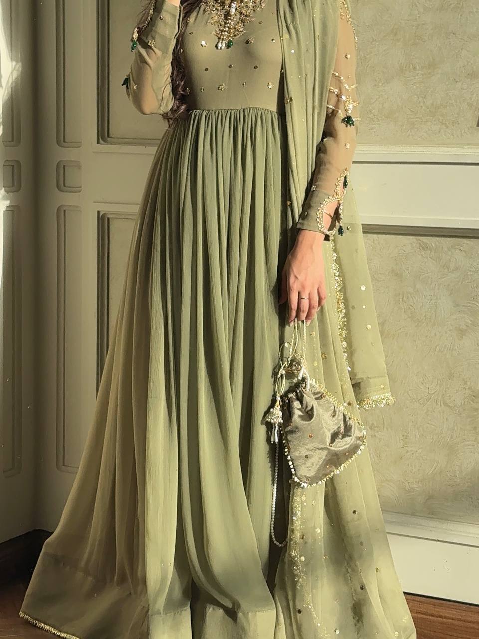 Gorgeous Green Color Embroidered Faux Georgette Gown Set with Dupatta & Bottom