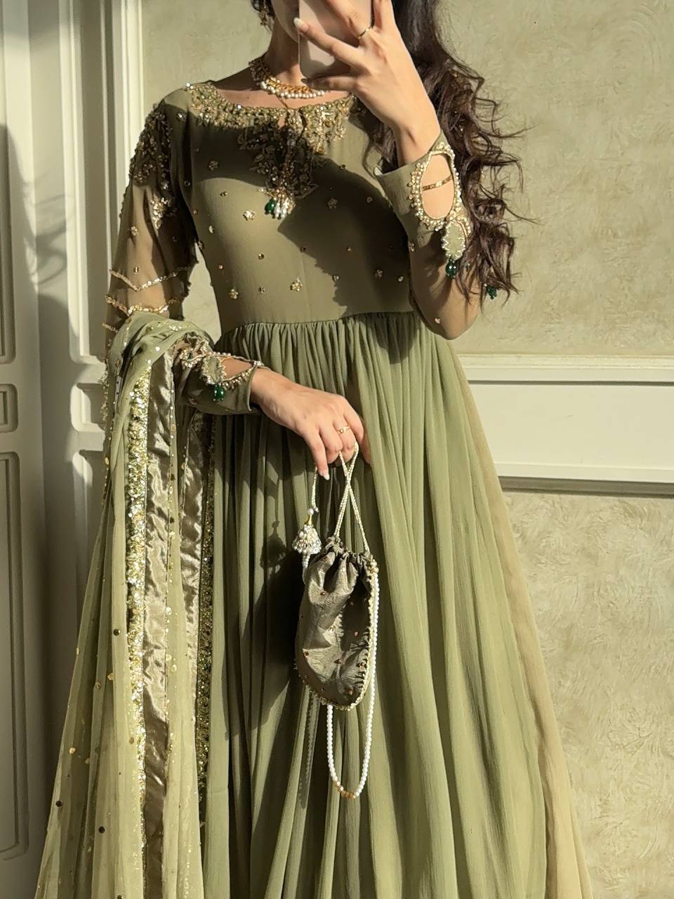 Gorgeous Green Color Embroidered Faux Georgette Gown Set with Dupatta & Bottom