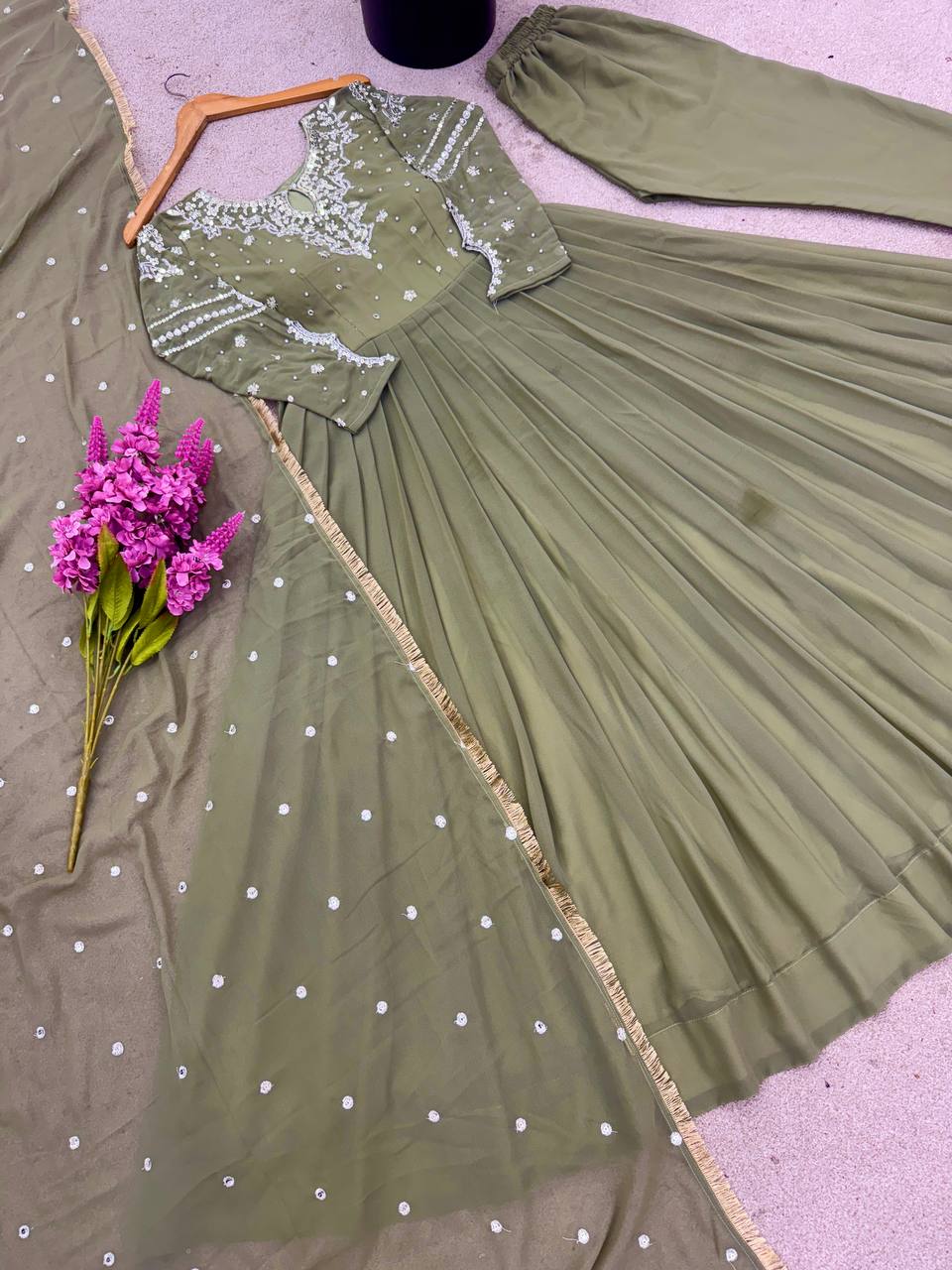 Gorgeous Green Color Embroidered Faux Georgette Gown Set with Dupatta & Bottom