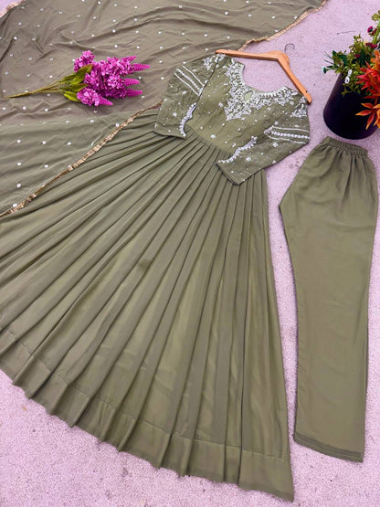 Gorgeous Green Color Embroidered Faux Georgette Gown Set with Dupatta & Bottom